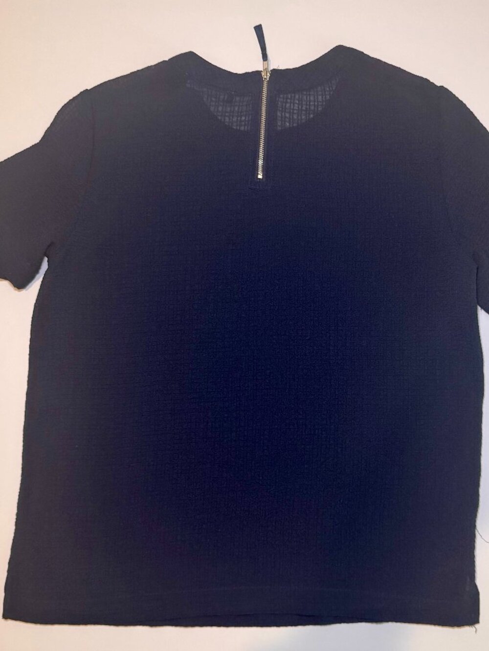 MNG Basics Textured Black Blouse Womens Size Small Short Sleeve Zip Back Top